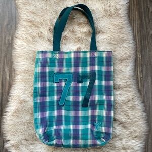Y2K American Eagle Teal & Purple Plaid Varsity School Style Tote Bag